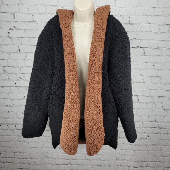 Urban Outfitters Black Soft Sherpa Fleece Oversized Open Hoodie Jacket Size M/L - Picture 1 of 14
